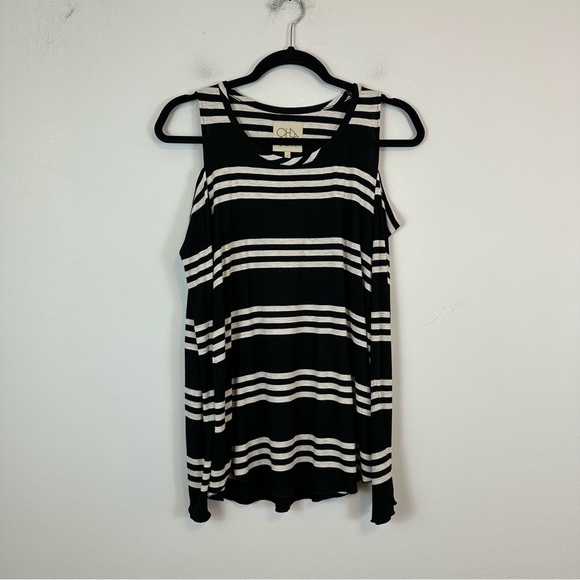 Chaser | Black and Tan Striped Cold Shoulder Long Sleeve Tee Size Small - Picture 1 of 5